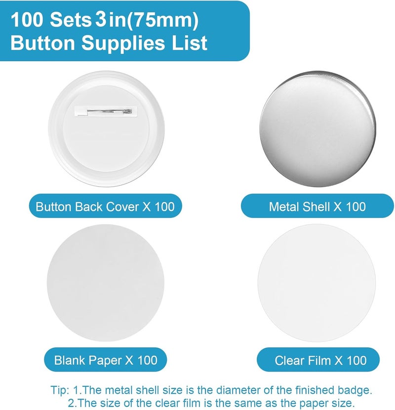 KUNTAERY 100 Sets 3 Inch Button Maker Supplies, 75mm Round Badge Parts with Metal Covers, Plastic Pin Backs, Clear Film & Blank Paper, Perfect for Button Maker Machine & Badge Press - Image 2